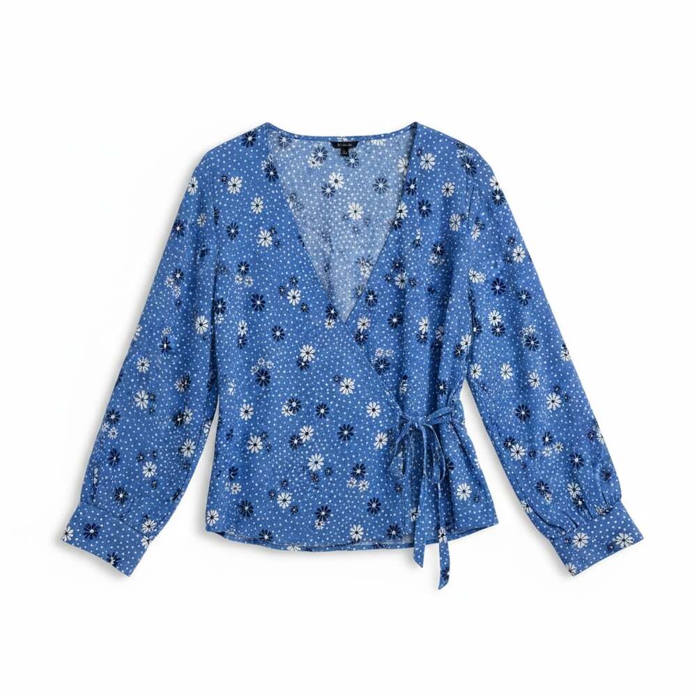 Talbots Blue Floral & Polka Dot Wrap Top with Balloon Sleeves